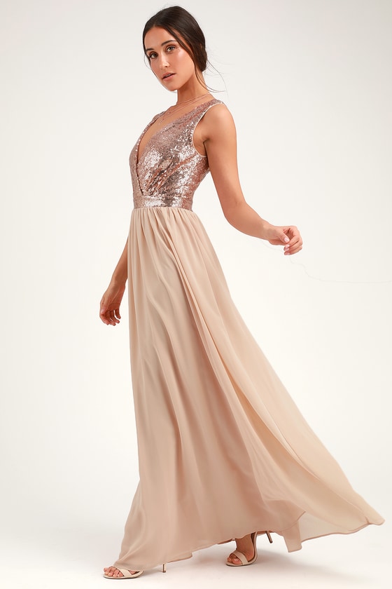 Lovely Champagne Maxi Dress - Sequin ...